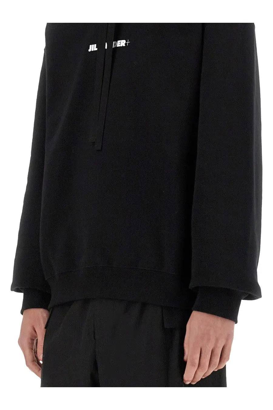 Black jil sander men’s hoodie with white logo and drawstring in a comfortable casual design
