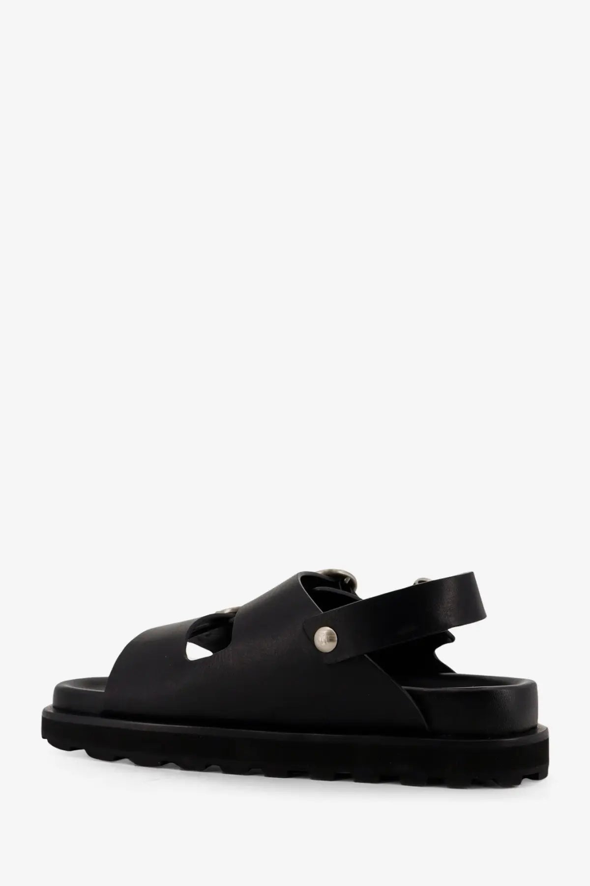 Jil Sander men’s black leather platform sandal with sleek minimalist design and metallic silver buckle accents