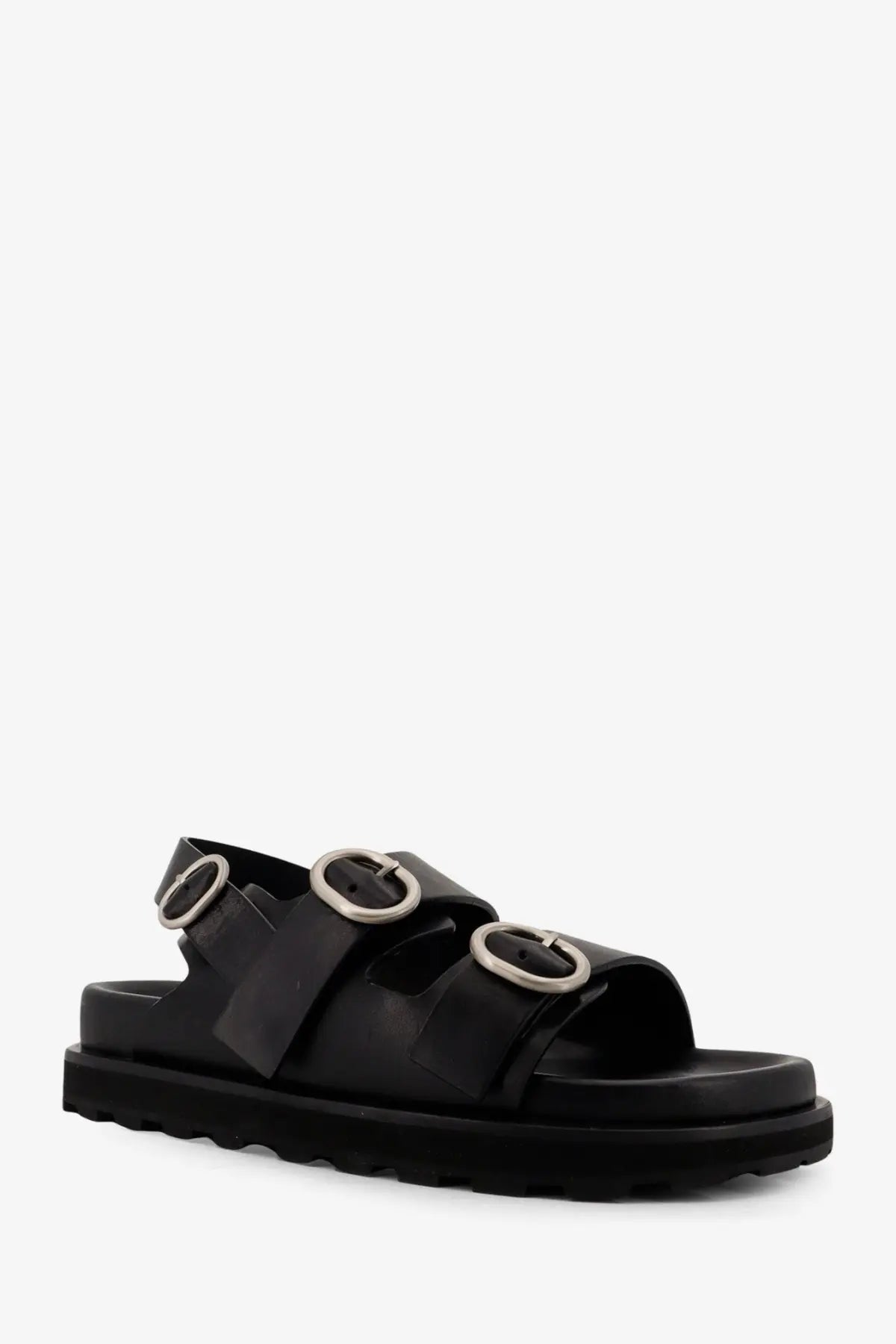 Jil Sander men’s black leather platform sandal with three silver buckle straps and textured rubber sole