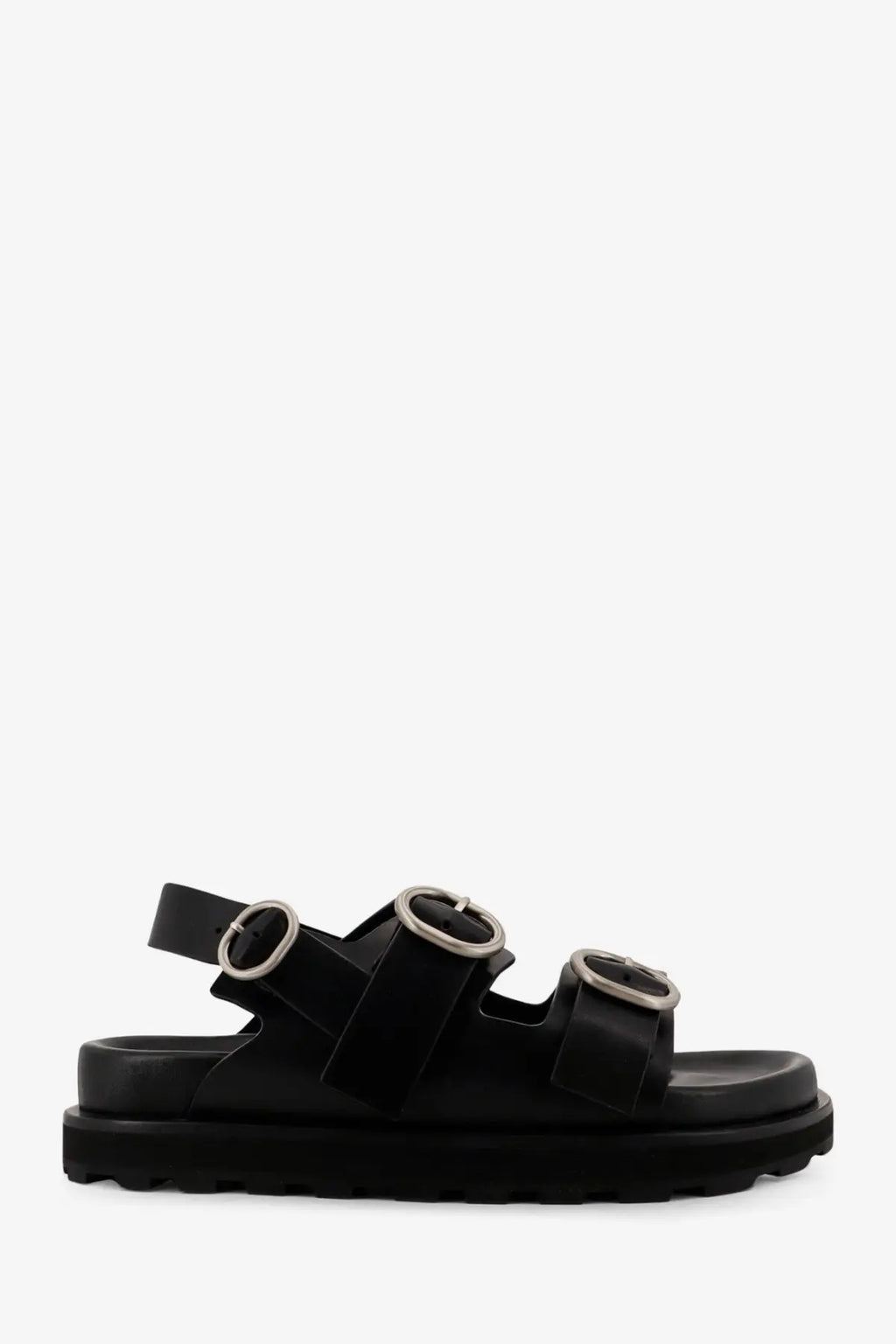 Jil sander men’s black leather platform sandals with two adjustable straps and silver-toned buckle details