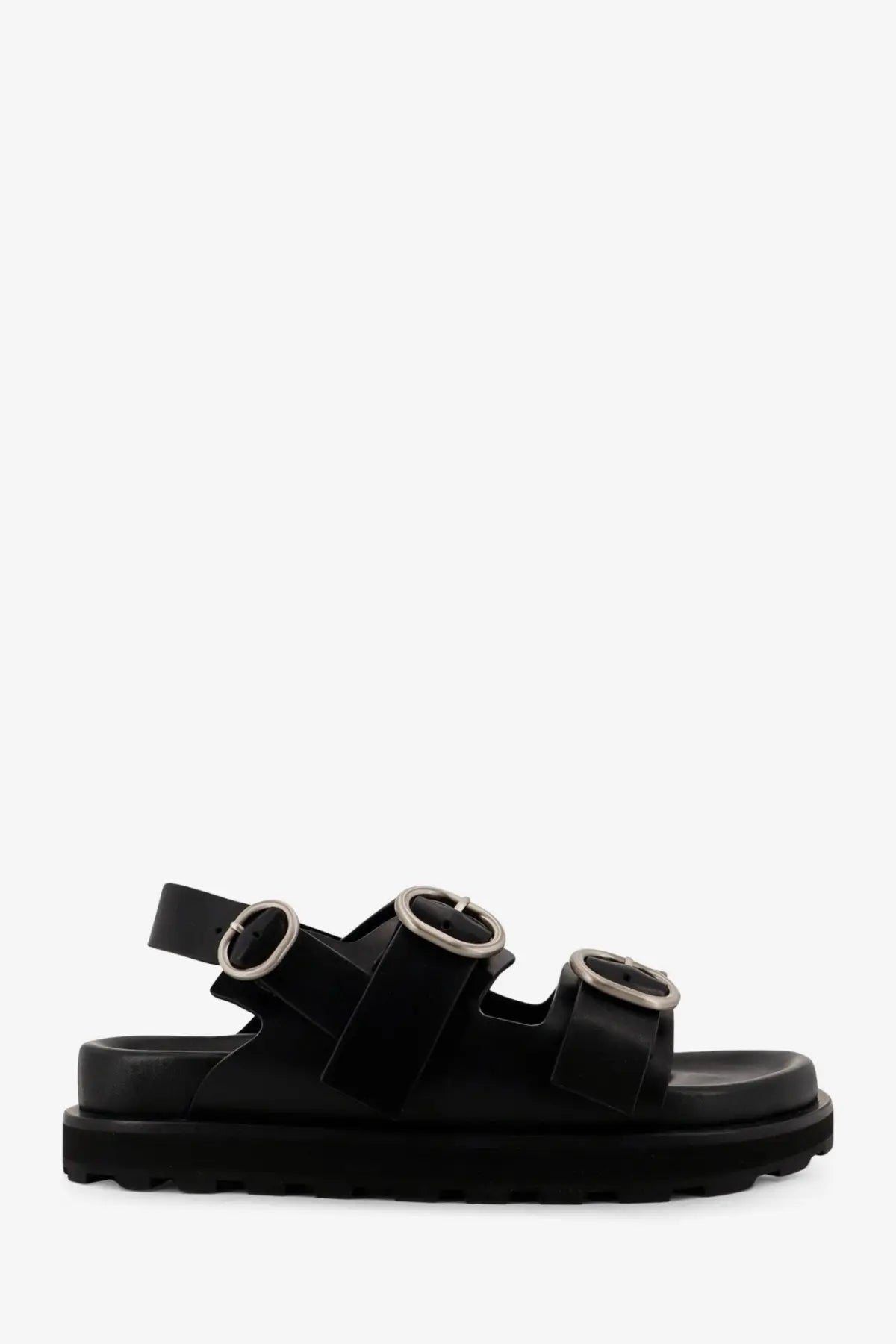 Jil sander men’s black leather platform sandals with two adjustable straps and silver-toned buckle details