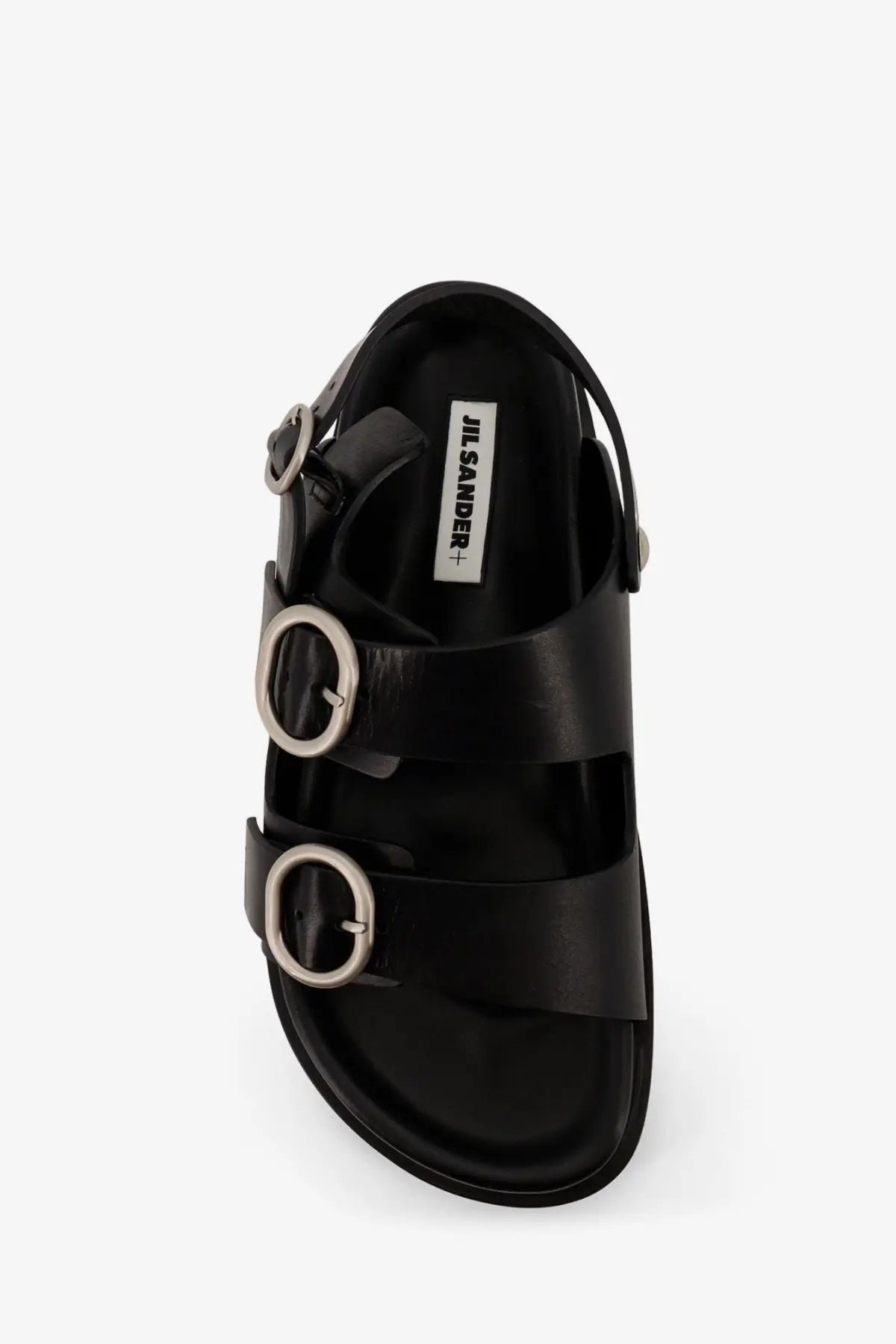 Jil sander men’s black leather sandals with silver circular buckles and minimalist design featuring brand label