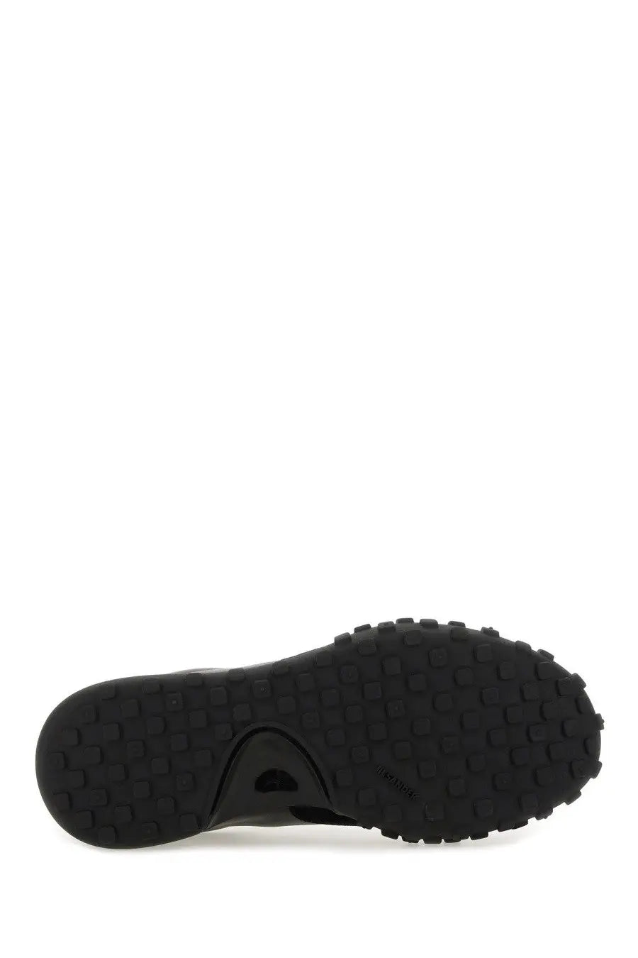 Black rubber sole with textured grid tread and subtle embossed logo near heel on jil sander men’s low top sneaker black