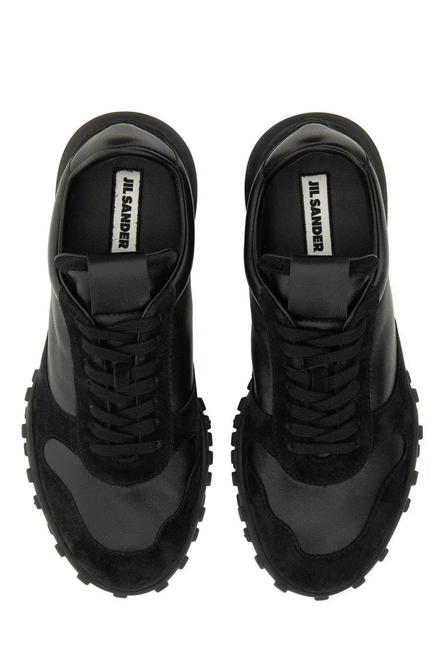 Jil sander men’s low top sneaker in black with black suede and patent leather and a chunky rubber sole