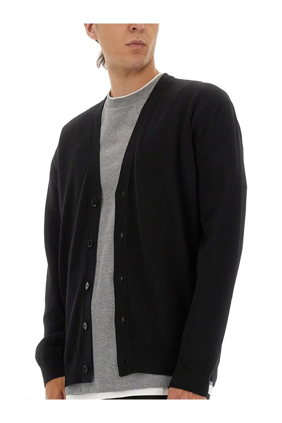 Black Jil Sander men’s merino wool cardigan with button closure and knit texture