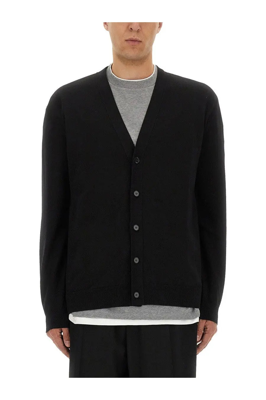 Black jil sander men’s merino wool cardigan with v-neck and button closure shown from the front