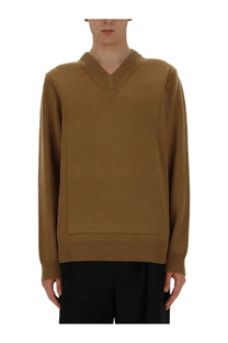 Jil Sander men’s beige camel-colored v-neck sweater with long sleeves and ribbed hem and cuffs