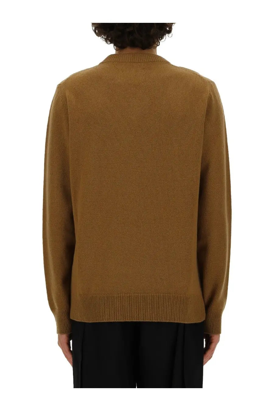 A warm camel-colored long-sleeved knit sweater with ribbed crew neckline and cuffs from Jil Sander mens neck sweater beige