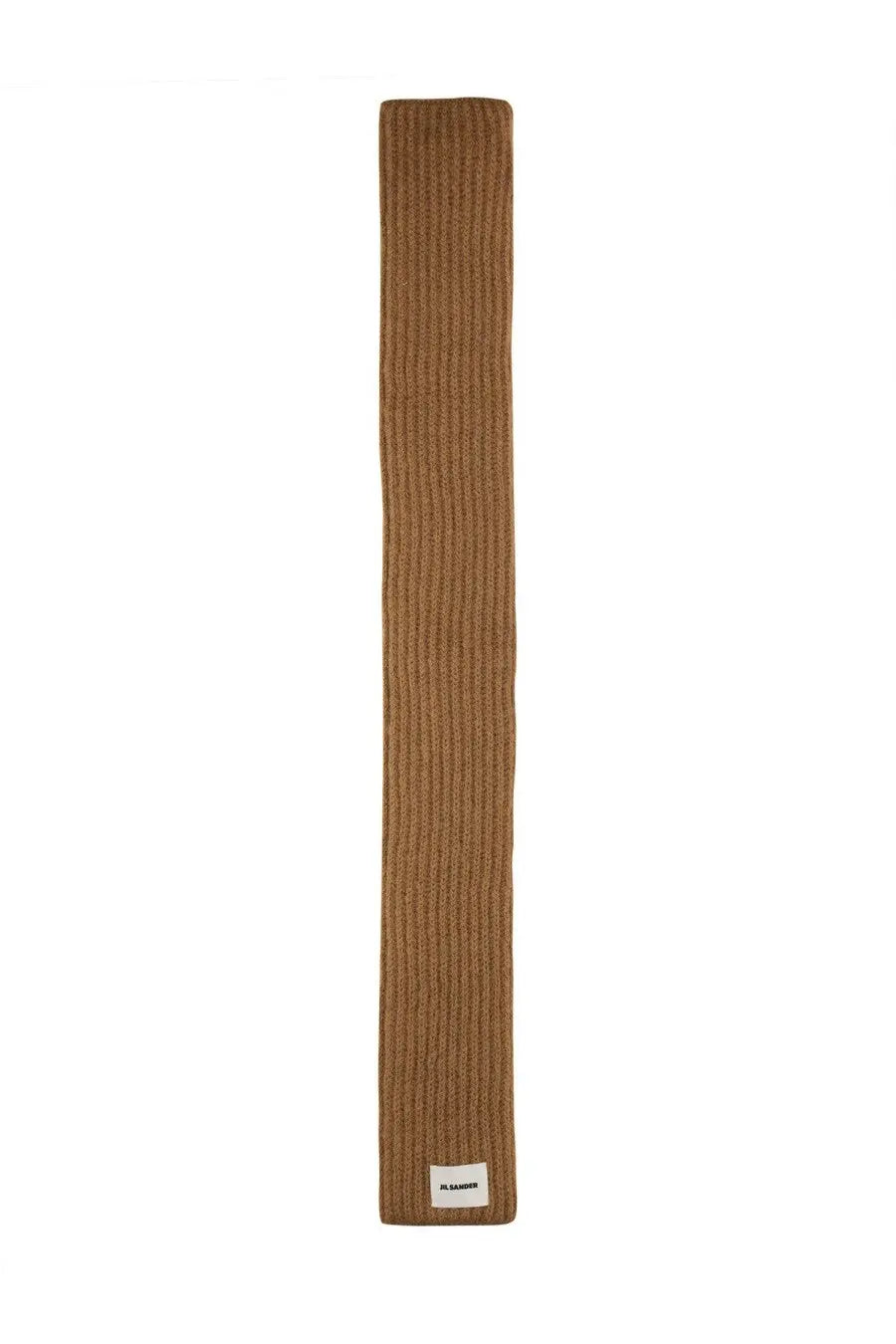 Jil Sander men’s beige scarf made of tan ribbed knit with a small white label at the bottom end