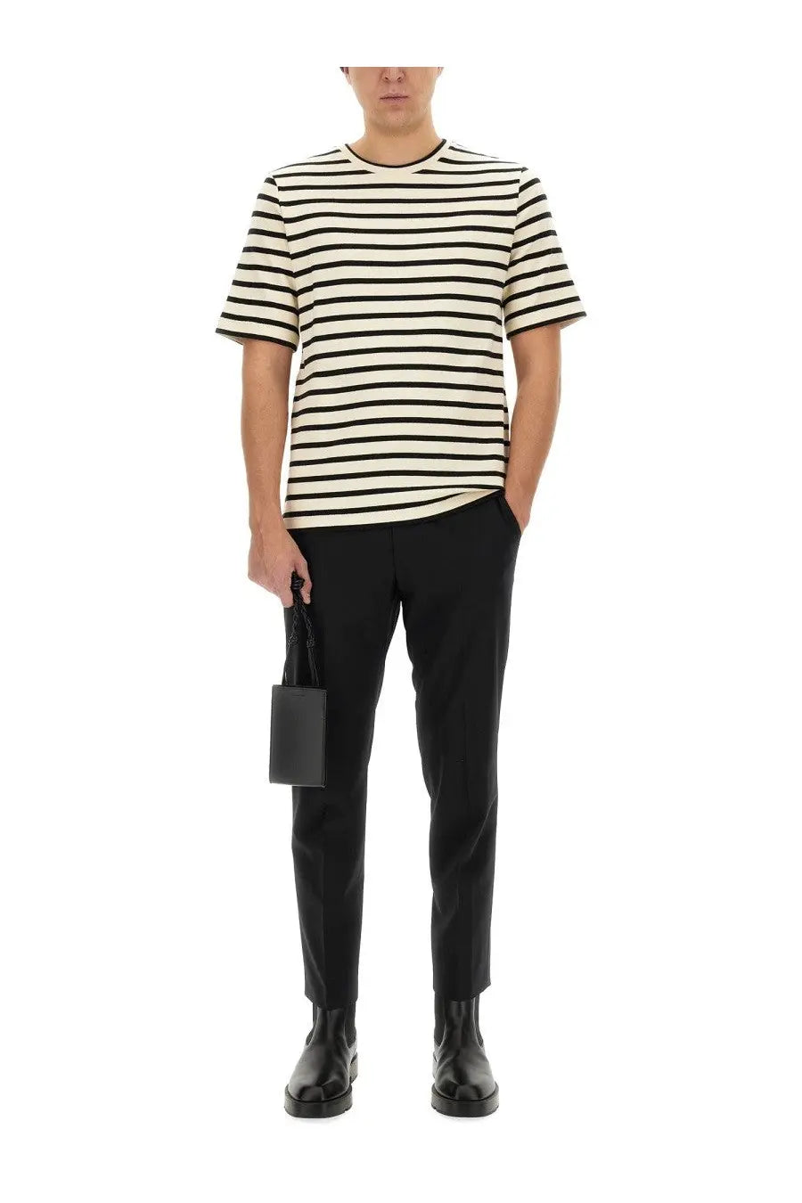 Jil Sander men’s black and white striped short-sleeved cotton t-shirt with ribbed crew neckline multicolor