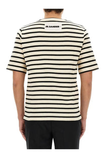 Jil sander men’s striped short-sleeved t-shirt in black and off-white with white label at the back of the neck