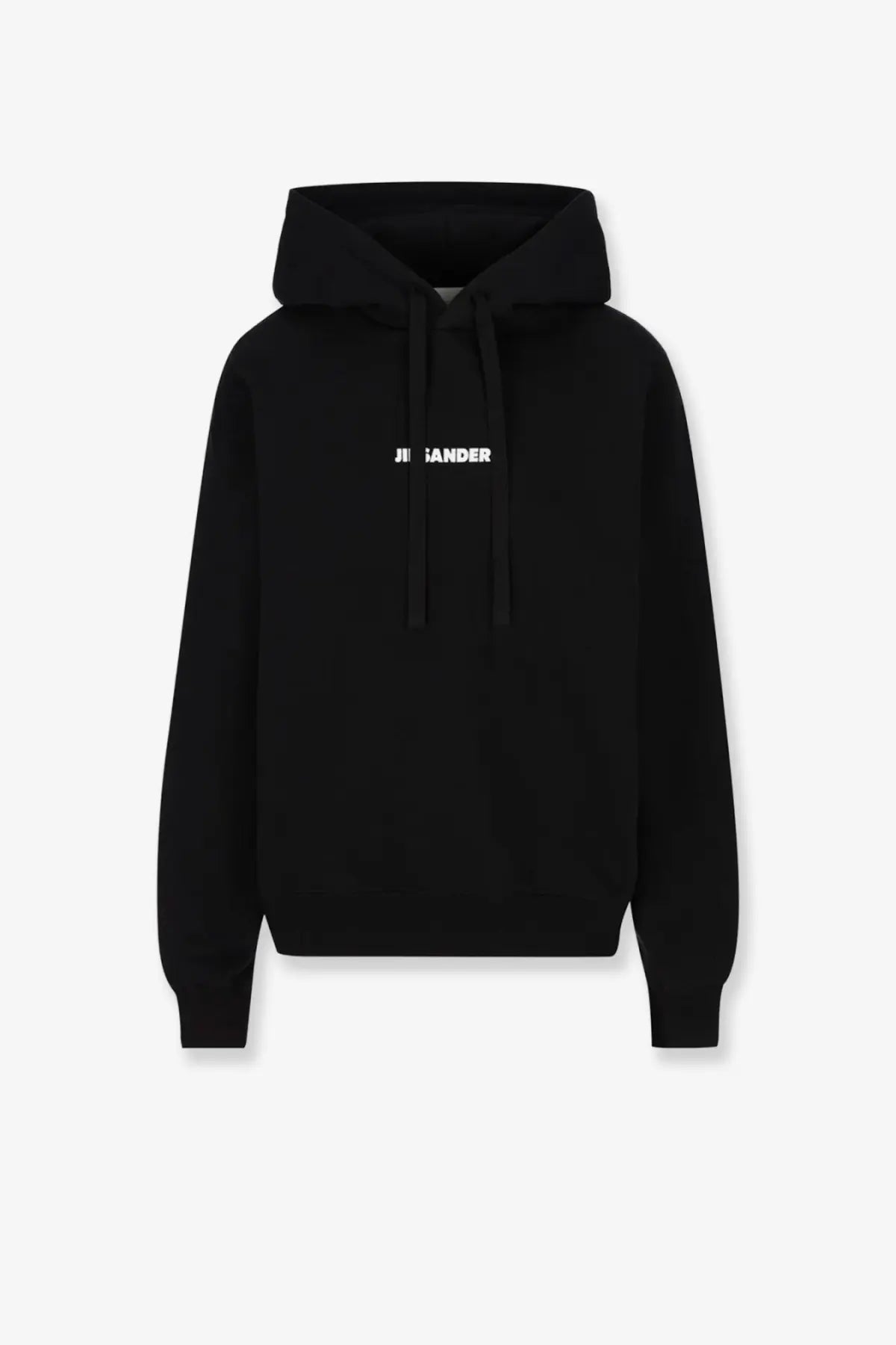 Black jil sander men’s sustainable cotton sweatshirt with white logo across the chest