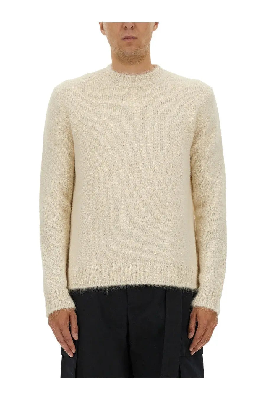 Cream-colored jil sander men’s wool blend sweater with textured knit and ribbed crew neckline and cuffs