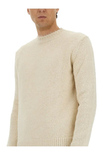 Jil Sander men’s cream-colored wool blend sweater with textured knit and ribbed crew neckline and cuffs
