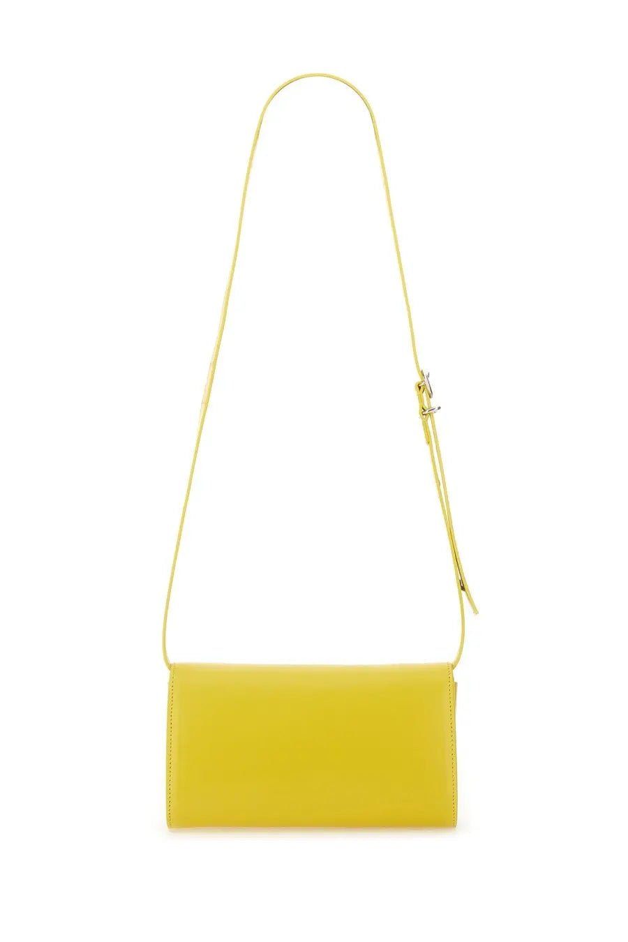 Bright yellow jil sander women’s all day bag with rectangular shape, minimalist design, and slender crossbody strap