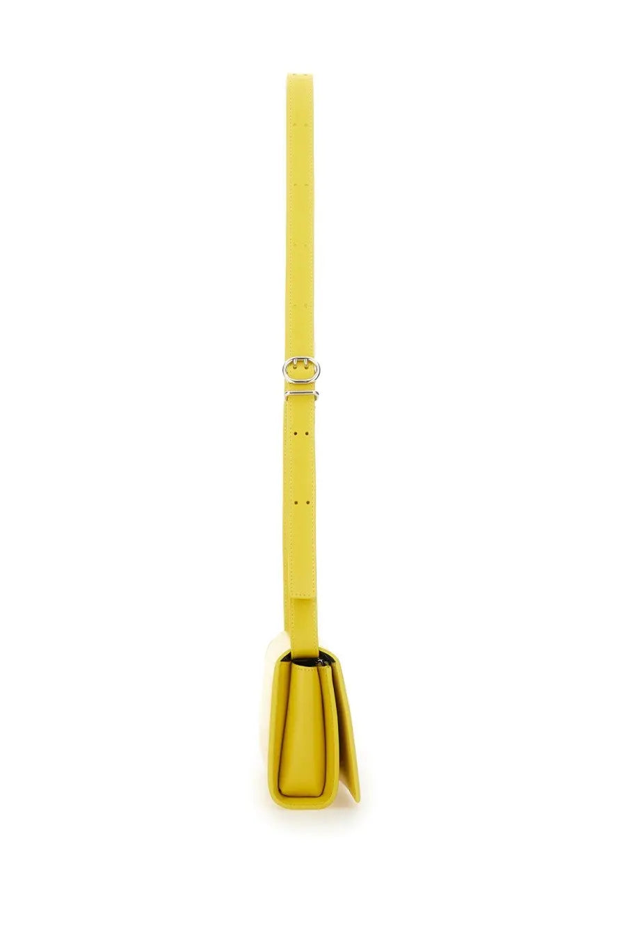 Jil Sander women’s all day bag is a sleek mustard-yellow leather crossbody with minimalist design and silver hardware