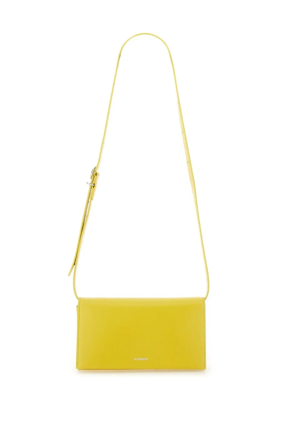 A sleek mustard-yellow leather crossbody bag with minimalist design and slender adjustable strap by Jil Sander