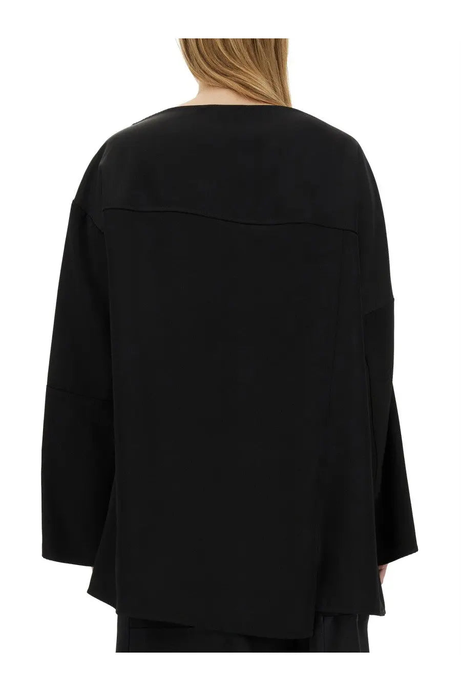 Jil Sander women’s black oversized blouse with relaxed fit and bell sleeves in soft fabric for casual wear