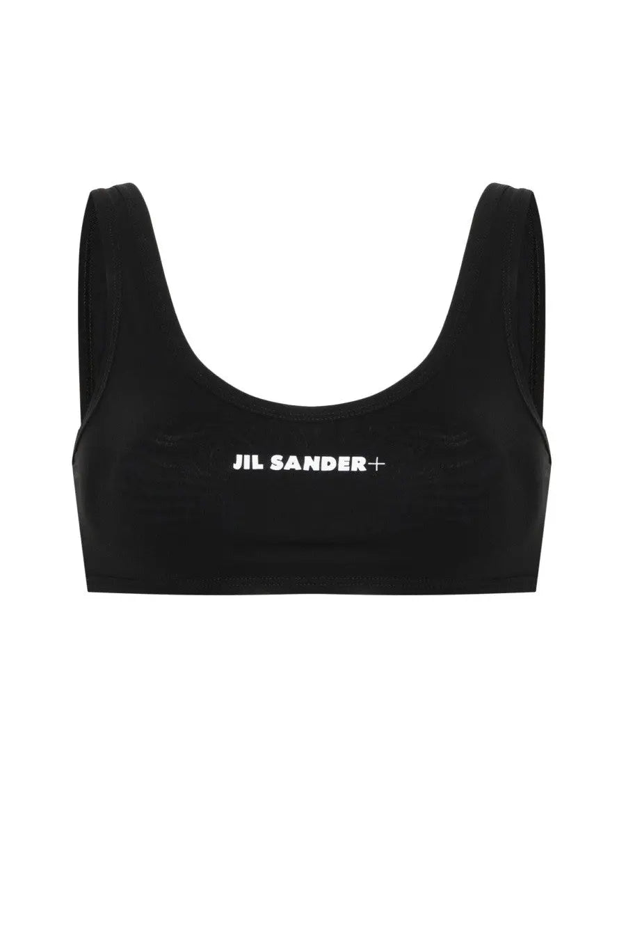 Black jil sander sports bra with white logo across chest in a women’s bikini top for activewear and swimwear use