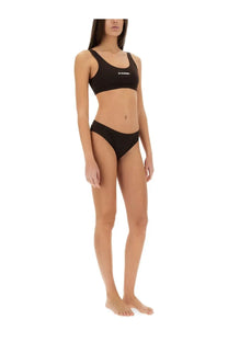 Black two-piece bikini set with minimalist logo on top designed by Jil Sander for women in brown color