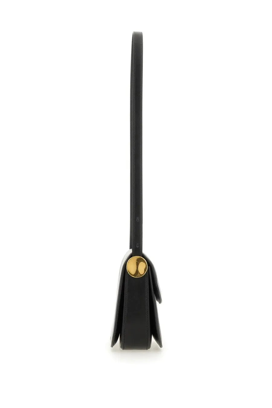 Jil Sander women’s black leather crossbody bag with gold-tone circular clasp for stylish everyday use