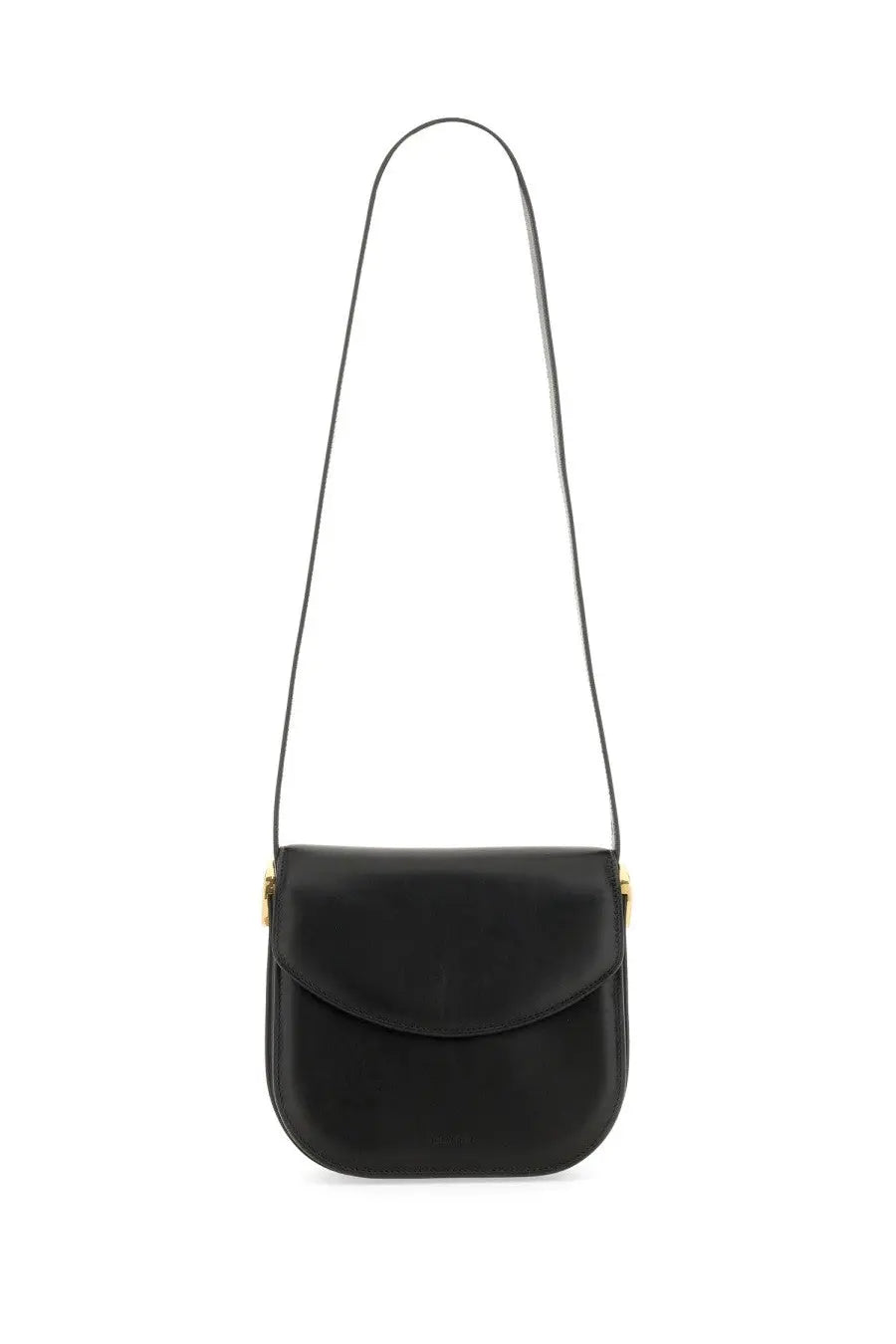 Black leather jil sander women’s coin shoulder bag with gold-tone hardware and long adjustable strap
