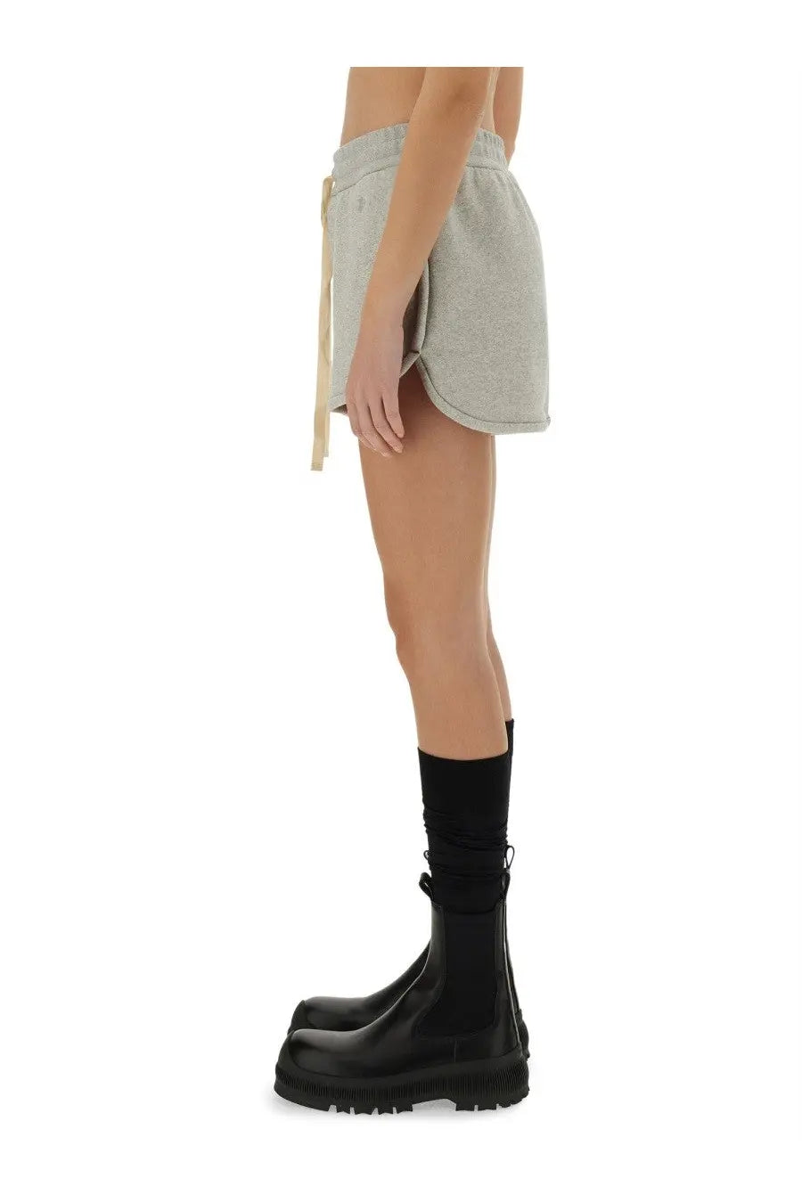 Light gray jil sander women’s cotton terry shorts with soft texture drawstring waist and side slits