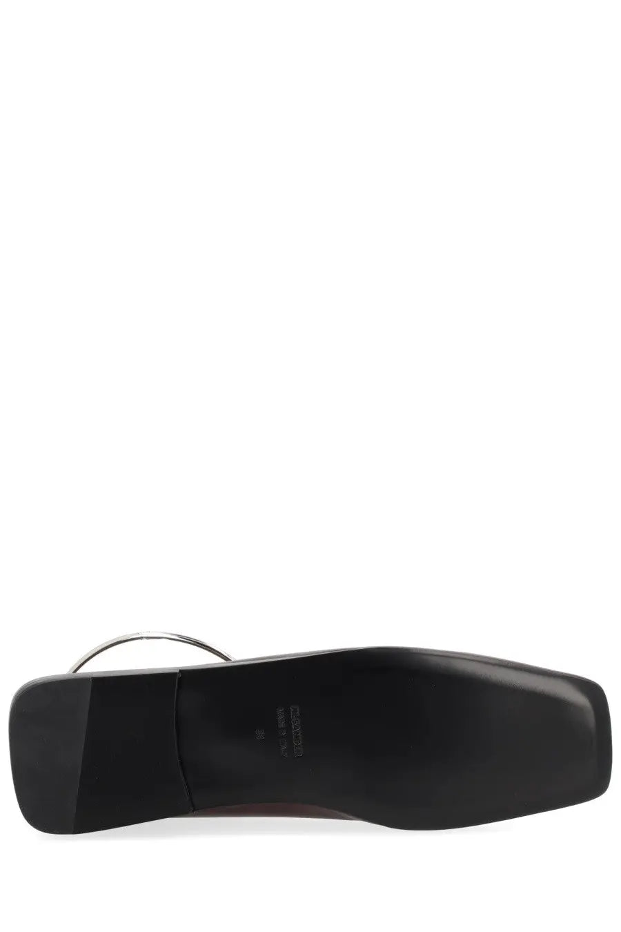 Black leather shoe with square heel and silver metal strap detail from jil sander women’s dancer ring red collection