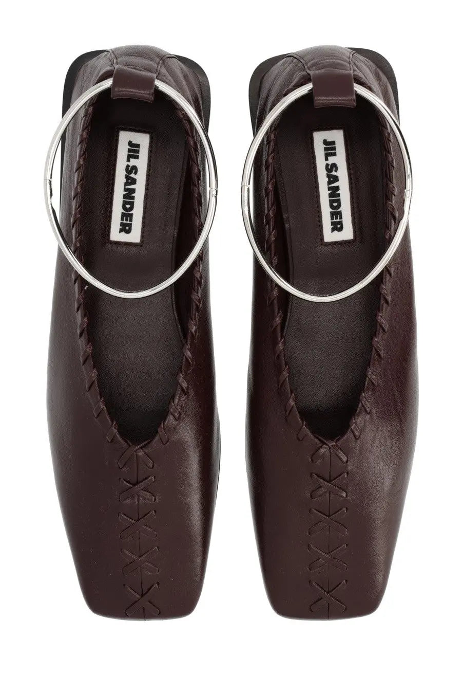 Jil Sander women’s dancer ring red brown leather square-toe flats with silver circular ankle straps and braided detailing