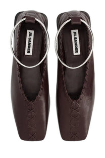 Jil Sander women’s dancer ring red brown leather square-toe flats with silver circular ankle straps and braided detailing