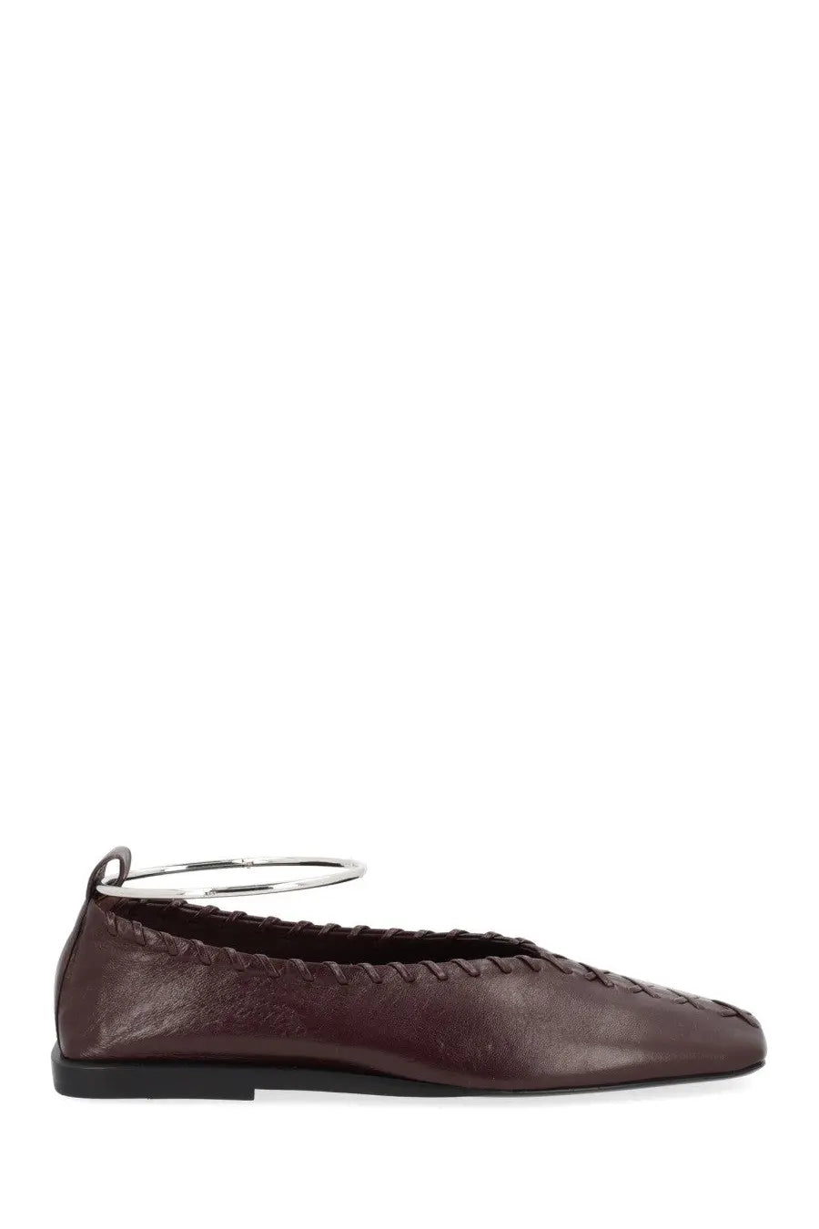 Back view of jil sander women’s dancer ring red burgundy leather flat shoe with braided detailing and silver metal ring