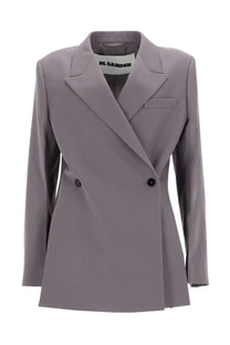 A sleek tailored gray double breasted wool blazer for women by Jil Sander perfect for formal wear