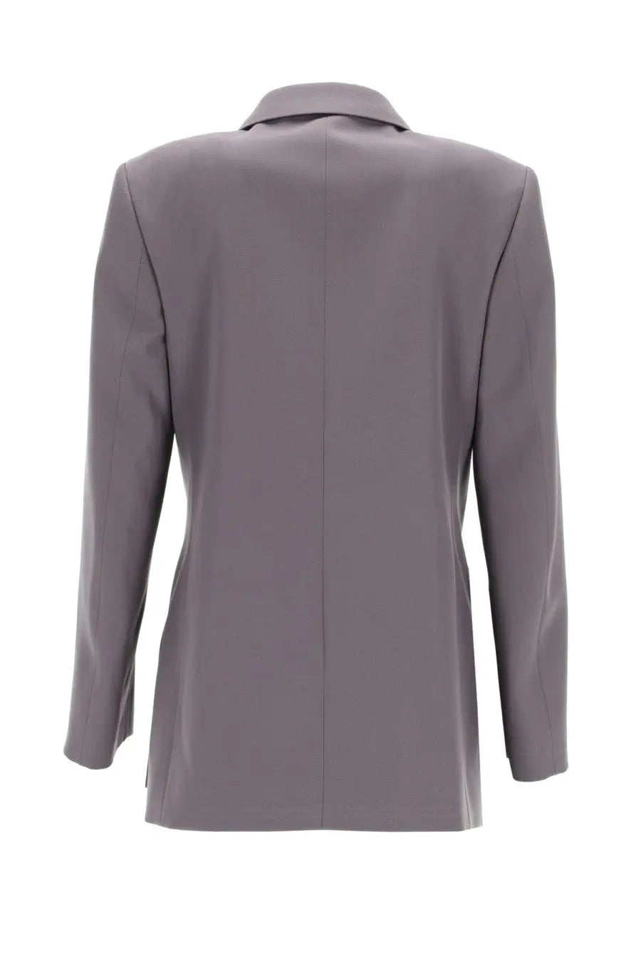 Jil Sander women’s double breasted gray wool blazer with tailored fit and structured back shown from behind