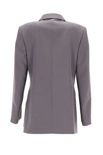 Jil Sander women’s double breasted gray wool blazer with tailored fit and structured back shown from behind