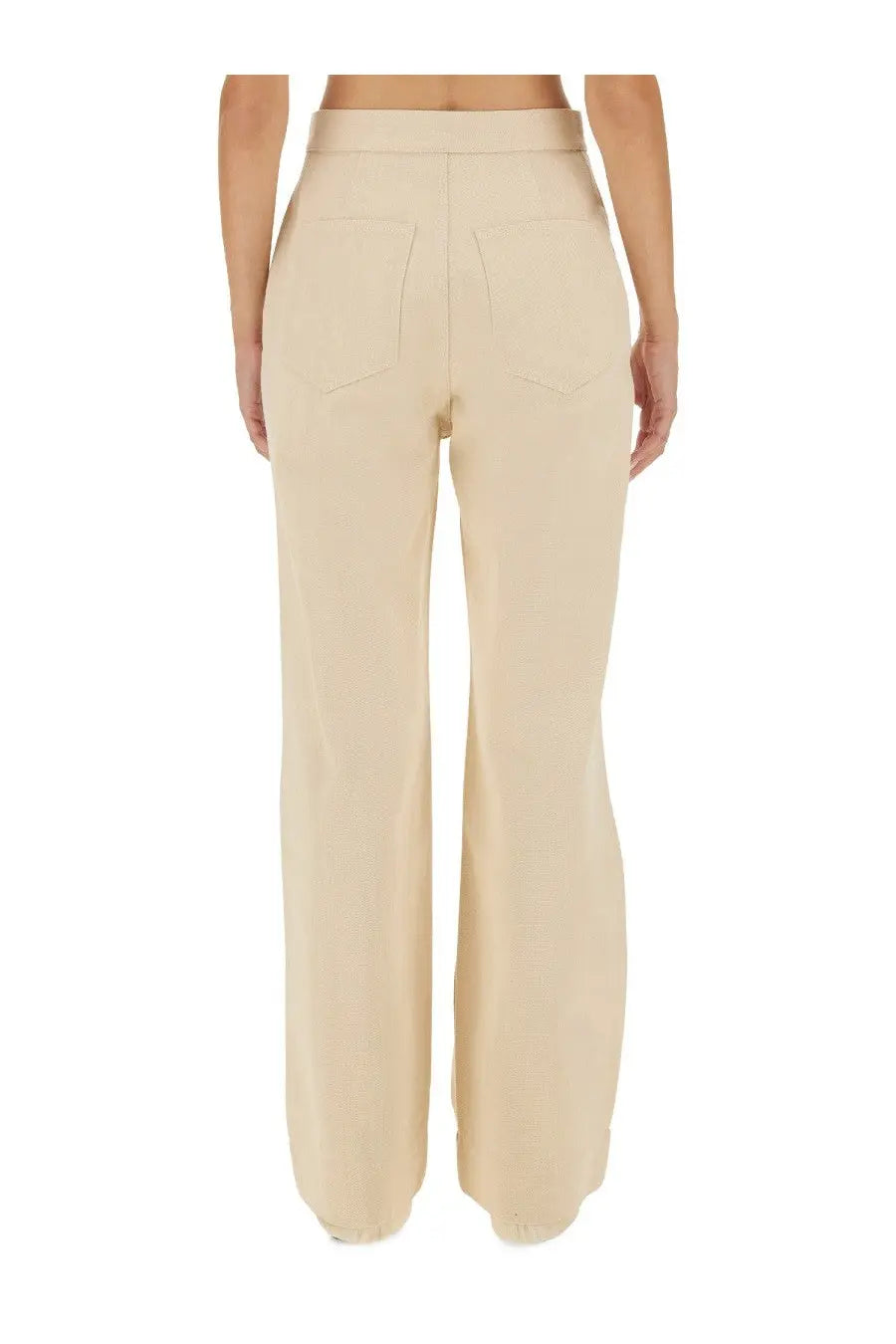 Beige jil sander women’s high-waisted wide-leg trousers with sleek tailored fit and two back pockets shown from back