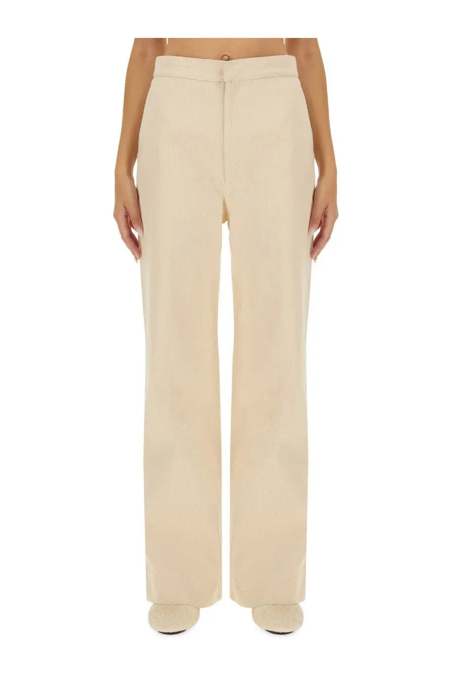 Cream-colored wide-leg trousers with a sleek minimalist design from jil sander women’s flared pants white collection