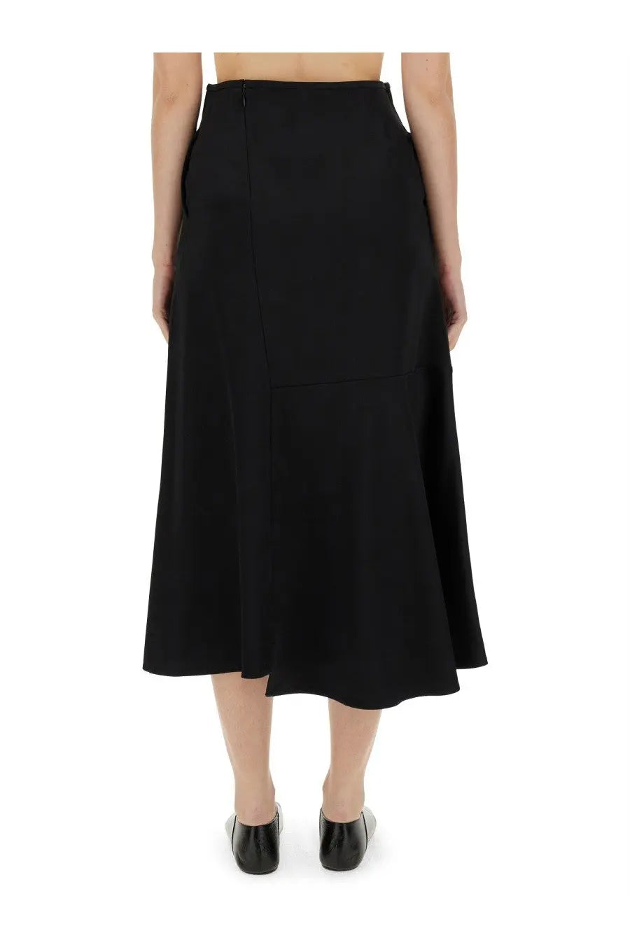 Jil sander women’s black high-waisted midi skirt with flared asymmetrical hem and tailored seams