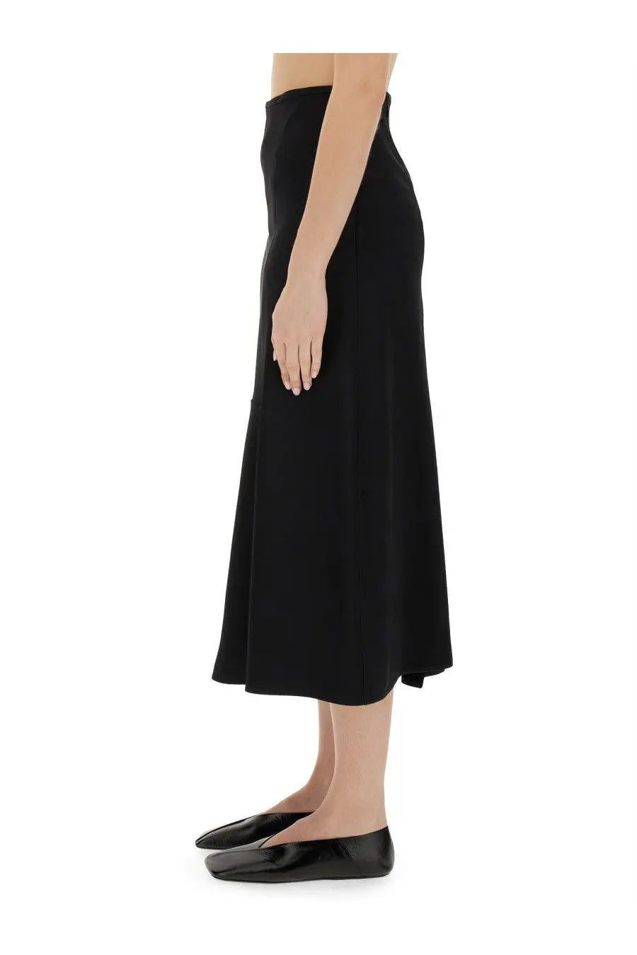 Jil Sander women’s black high-waisted midi skirt with smooth flowing silhouette and subtle side slits