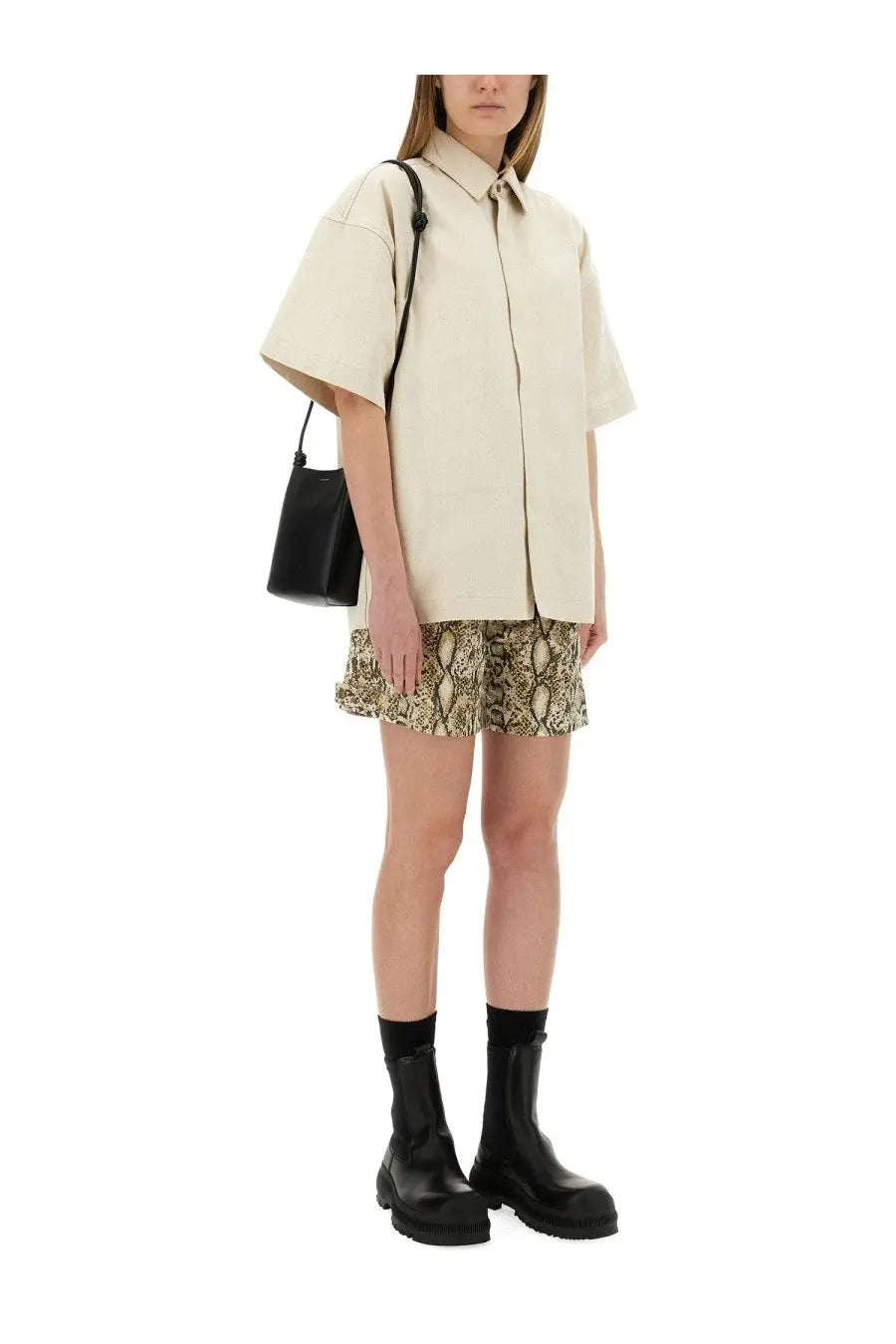 Jil Sander women’s beige short-sleeved heavy cotton shirt with relaxed fit and subtle front seam detail