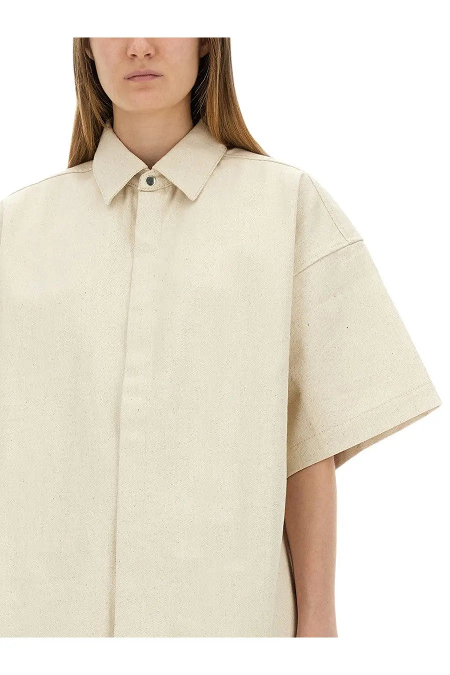 Jil Sander women’s beige heavy cotton shirt with a loose fit, classic collar, and short sleeves