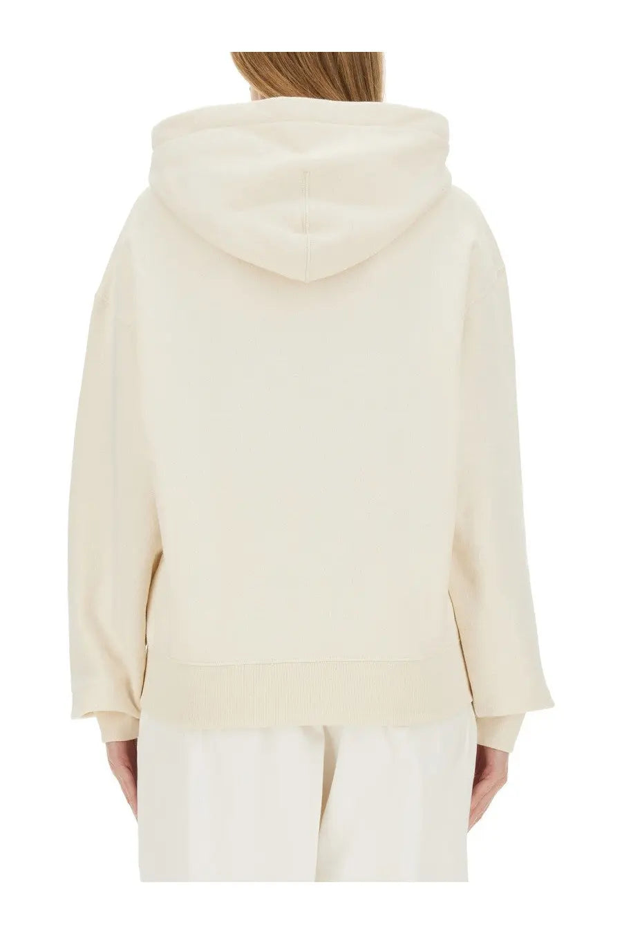 Jil Sander women’s cream-colored oversized hoodie with soft relaxed fit and ribbed cuffs in white fabric