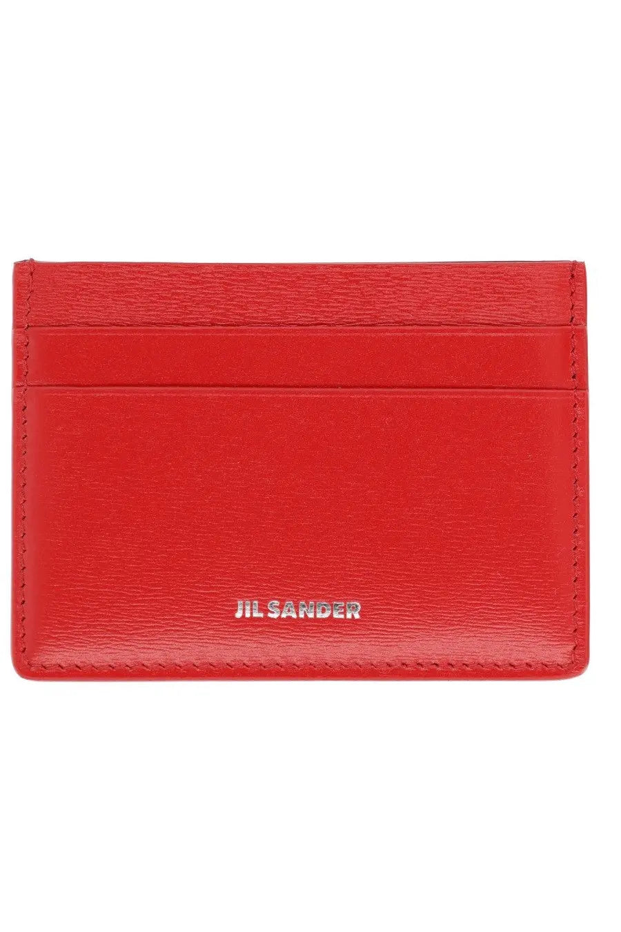 Red leather jil sander womens card holder with embossed logo and stitched edges perfect for organizing cards