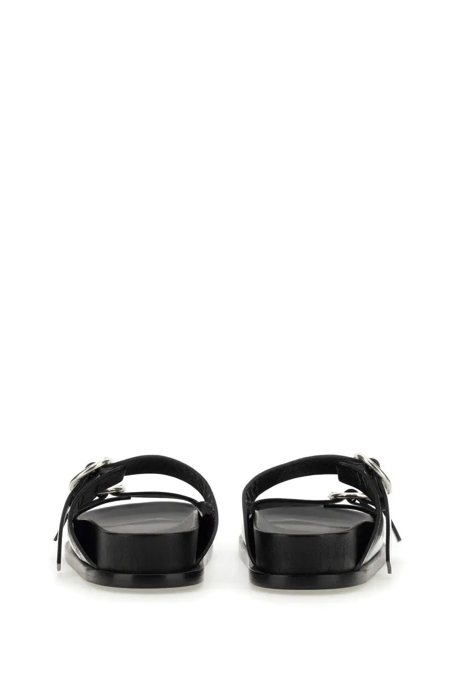 Jil Sander women’s black patent leather slide sandals with silver toned buckle details