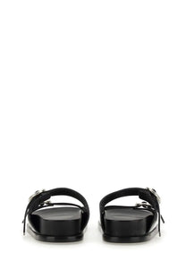 Jil Sander women’s black patent leather slide sandals with silver toned buckle details