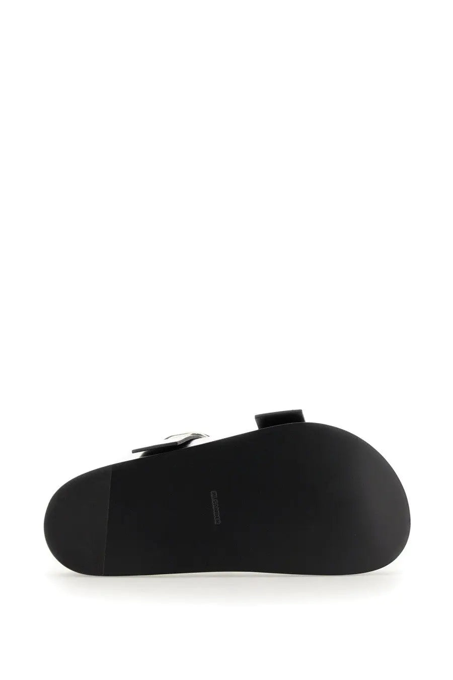 Jil Sander women’s black leather slide sandal with sleek minimalist design and small silver metallic buckle detail