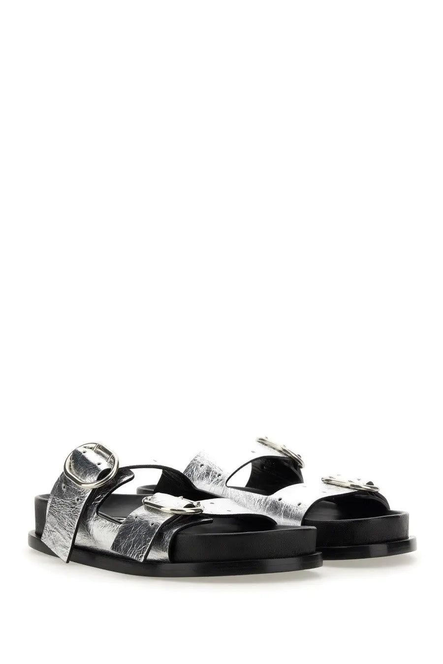Jil Sander women’s silver leather sandals with silver buckle straps and black rubber soles