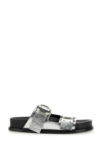 Jil Sander women’s leather sandal in silver metallic with dual buckle closures and black rubber soles