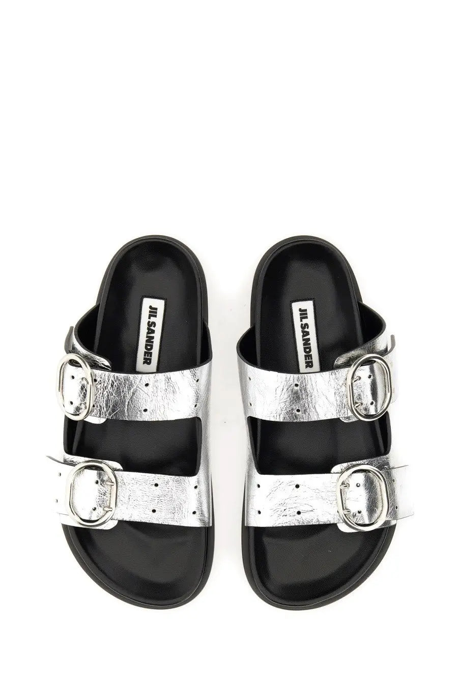 Jil Sander women’s leather sandal silver with two silver metallic straps black rubber soles and silver buckle details