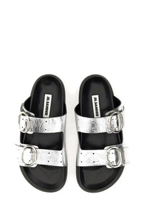 Jil Sander women’s leather sandal silver with two silver metallic straps black rubber soles and silver buckle details