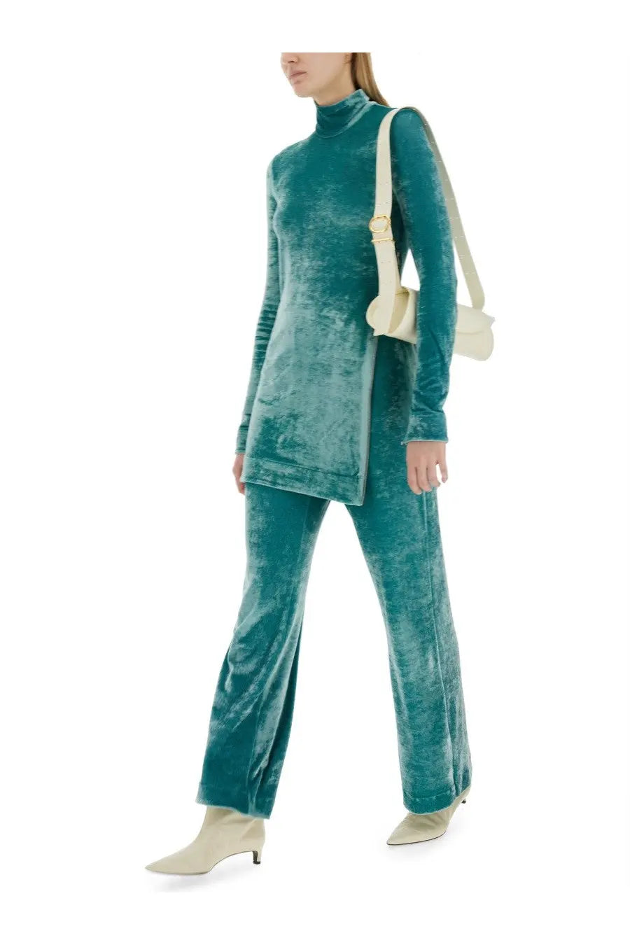 Teal velvet long sleeve turtleneck top and matching wide leg pants set by Jil Sander for women